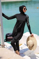 Burkini Modest Swimwear Set 3-Teilig Schwarz mit floralem Muster "Marina" M2225