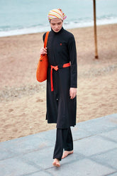 Marina │ Modest Swimwear Set Woven Fabric 4-Piece Black with Orange Belt - M2419