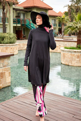 Burkini Modest Swimwear Set 4-Teilig Schwarz gemustert M2479