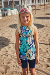 Mädchen Badeanzug Marineblau mit Blumen K2403