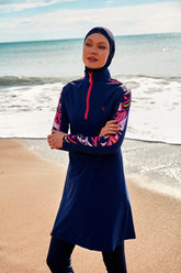Burkini Modest Swimwear Set Lycra 4-Teilig Marineblau mit Rosaakzenten "Marina" M2489