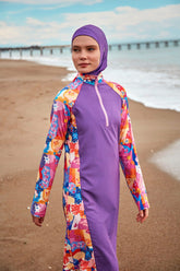 Burkini Modest Swimwear Set Webstoff 4-Teilig Lila mit bunten Ärmeln "Marina" M2495