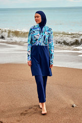 Burkini Modest Swimwear Set Lycra 4-Teilig Marineblaue mit blauen Motiven "Marina" M2498