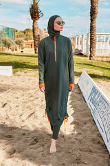 Burkini Modest Swimwear Set Webstoff 4-Teilig Khaki-Orange "Marina"  M2413