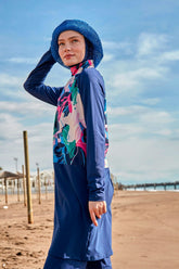 Burkini Modest Swimwear Set Lycra 4-Teilig Marineblau mit bunten Motiven "Marina" M2497