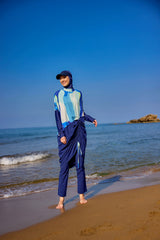 Marina │ Modest Swimwear Set 4-Piece Navy Blue with White Stripes - M2506-2