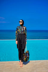Burkini Modest Swimwear Set 4-Teilig Schwarz mit bunter Aufschrift "Riva Mera by Marina" R2505