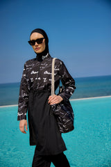 Burkini Modest Swimwear Set 4-Teilig Schwarz mit weißer Aufschrift "Riva Mera by Marina" R2501