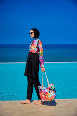 Burkini Modest Swimwear Set 4-Teilig Schwarz mit Motiven "Riva Mera by Marina" R2510