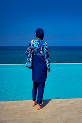 Riva Mera by Marina │Burkini Modest Swimwear Set 4-Teilig marineblau mit blau-oranger Aufschrift - R2503