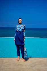 Riva Mera by Marina │Burkini Modest Swimwear Set 4-Teilig marineblau mit blau-oranger Aufschrift - R2503