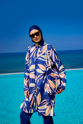 Burkini Modest Swimwear Set marineblau mit Blattmotiv - 4-teiliges muslimisches Badeanzug Set von Riva Mera by Marina