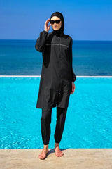 Burkini Modest Swimwear Set 3-Teilig in Schwarz von Andalus by Marina - Komplettansicht des muslimischen Badeanzugs mit Kopfbedeckung, Oberteil und Hose