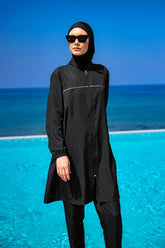 Burkini Modest Swimwear Set 3-Teilig in Schwarz von Andalus by Marina - Komplettansicht des muslimischen Badeanzugs mit Kopfbedeckung, Oberteil und Hose