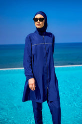 Burkini Modest Swimwear Set 3-Teilig in Marineblau von Andalus by Marina - Komplettansicht des muslimischen Badeanzugs mit Kopfbedeckung, Oberteil und Hose