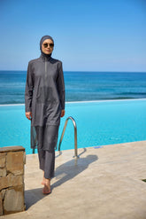 Marina │ Modest Swimwear Set 4-Piece Black with Green Stripes - M2506-1