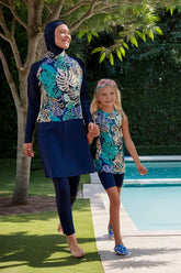 Mädchen Badeanzug Marineblau mit Blumen K2403