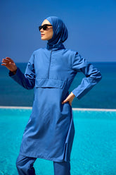 Burkini Modest Swimwear Set 3-Teilig in Blau von Andalus by Marina - Komplettansicht des muslimischen Badeanzugs mit Kopfbedeckung, Oberteil und Hose