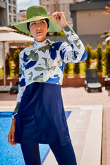 Burkini Modest Swimwear Set 4-Teilig Marineblau mit Blumenmuster "Marina" 1972