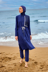 Burkini Modest Swimwear Set 4-teilig marineblau mit weißen Streifen Marina M2506-2 - muslimische Bademode mit Tunika, Leggings, Hijab und Bustier