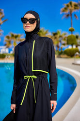 Burkini Modest Swimwear Set 4-Teilig Schwarz mit grünen Streifen "Marina" M2506-1