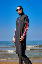 Burkini Modest Swimwear Set 4-Teilig Schwarz mit bunten Ärmeln "Marina" M2510