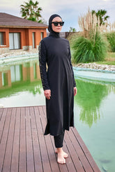 Burkini Modest Swimwear Set Webstoff 4-Teilig Schwarz mit Pailletten "Marina" M2417