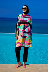 Burkini Modest Swimwear Set bunt mit schwarzer Schwimmhose - 4-teiliges muslimisches Badeanzug Set von Riva Mera by Marina