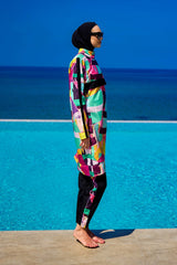 Burkini Modest Swimwear Set bunt mit schwarzer Schwimmhose - 4-teiliges muslimisches Badeanzug Set von Riva Mera by Marina