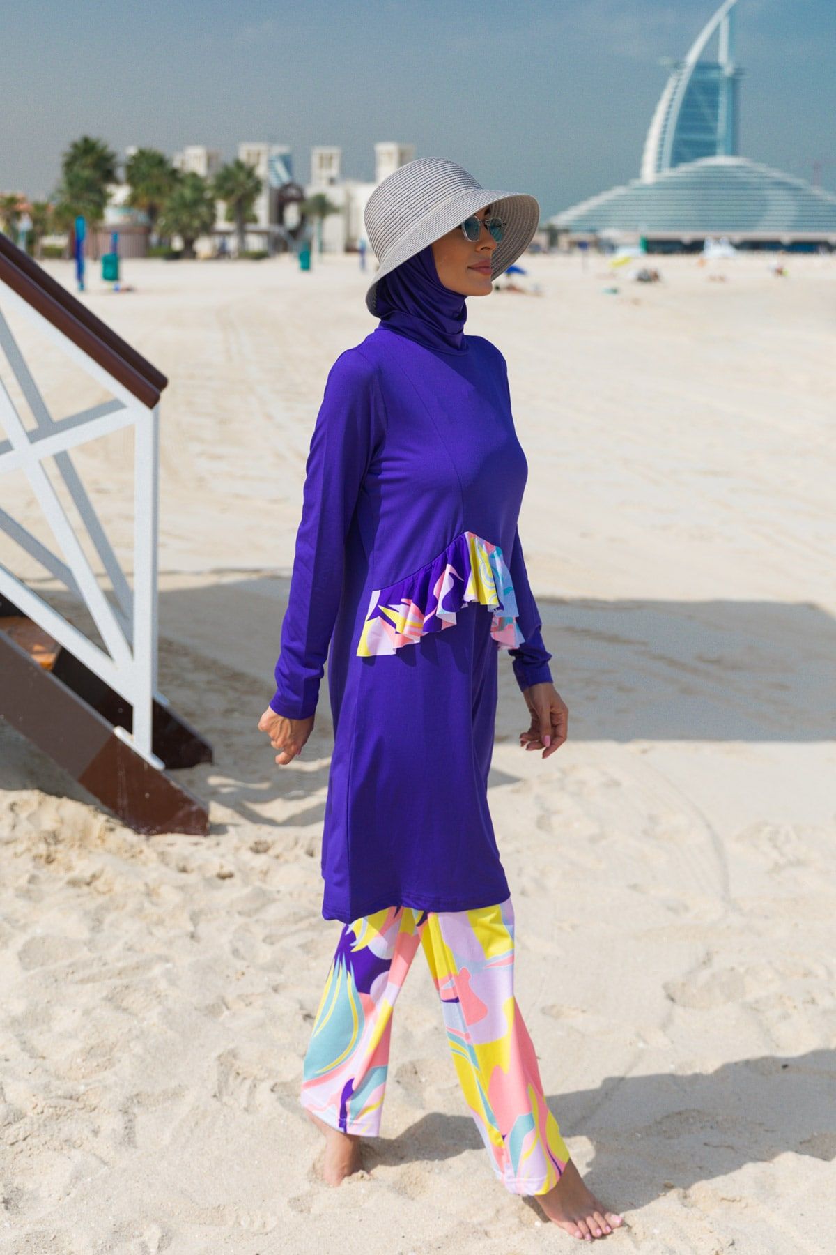 Burkini Modest Swimwear 4-Teilig Lila mit bunter Hose "Marina" M2321
