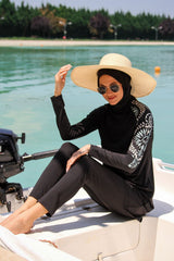 Burkini Modest Swimwear Set 3-Teilig Schwarz mit floralem Muster "Marina" M2225