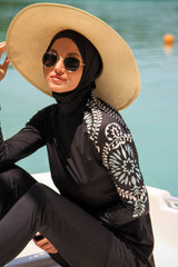 Burkini Modest Swimwear Set 3-Teilig Schwarz mit floralem Muster "Marina" M2225