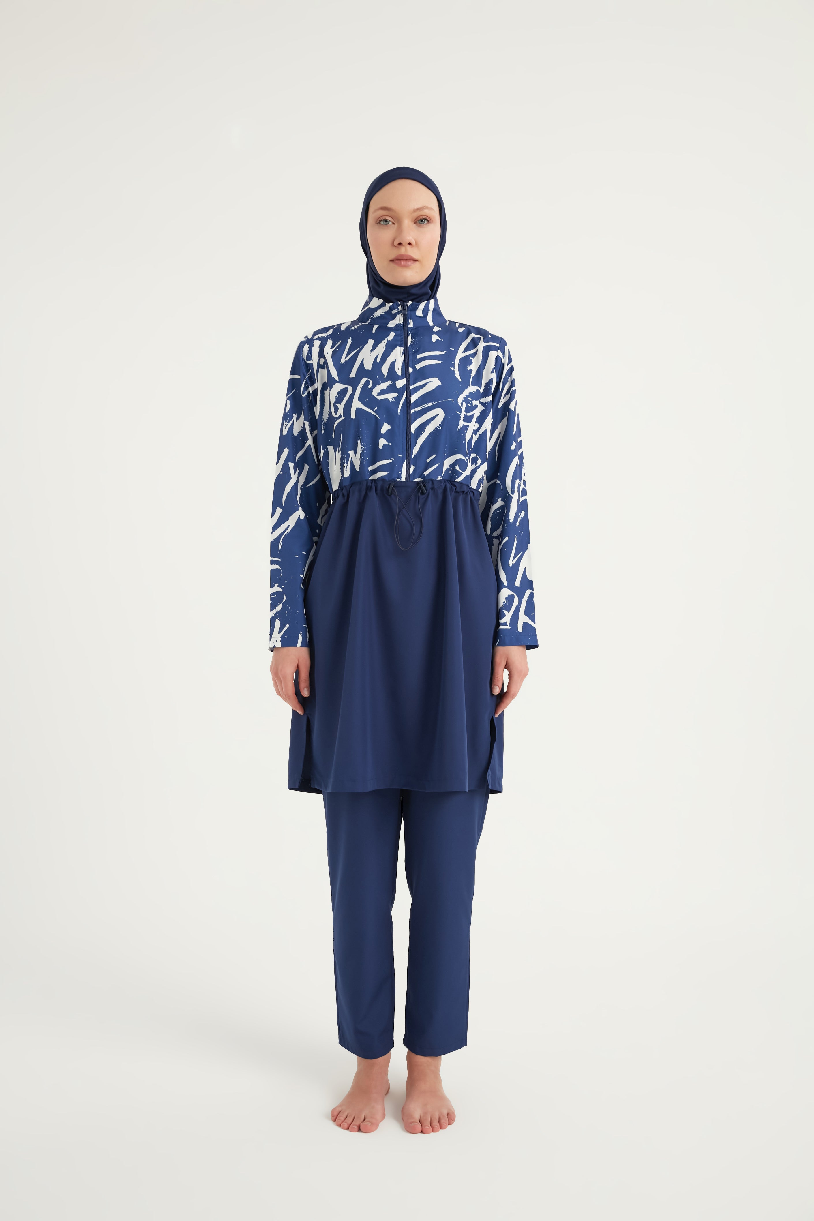 Burkini Modest Swimwear Set 4-Teilig Marineblau mit weißer Aufschrift "Riva Mera by Marina" R2502