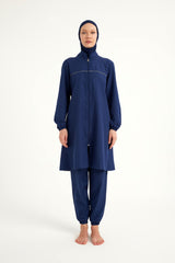Burkini Modest Swimwear Set 3-Teilig in Marineblau von Andalus by Marina - Komplettansicht des muslimischen Badeanzugs mit Kopfbedeckung, Oberteil und Hose