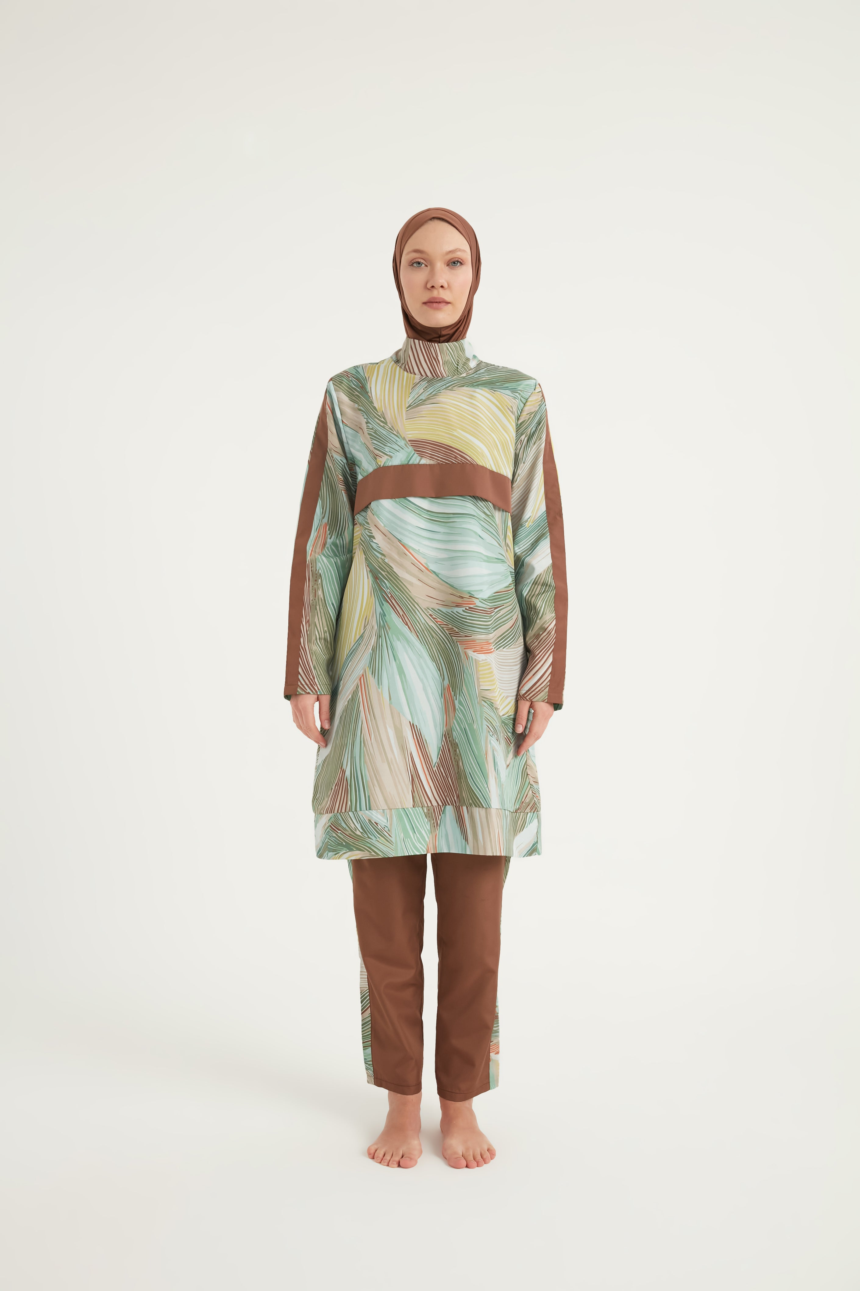 Burkini Modest Swimwear Set 4-Teilig Grünmotive mit brauner Schwimmhose 'Riva Mera by Marina' R2512