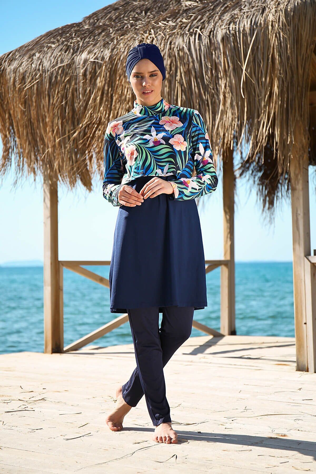 Burkini Modest Swimwear Set 4-Teilig Marineblau mit Blumenmuster "Marina" 1971