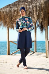 Burkini Modest Swimwear Set 4-Teilig Marineblau mit Blumenmuster "Marina" 1971