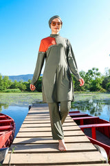 Burkini Modest Swimwear Set 3-Teilig Khaki/Orange M2108