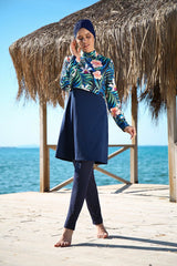 Burkini Modest Swimwear Set 4-Teilig Marineblau mit Blumenmuster "Marina" 1971