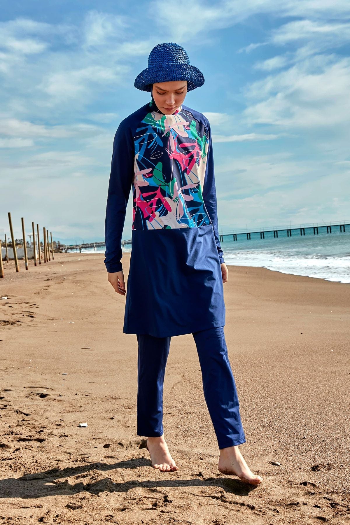 Burkini Modest Swimwear Set Lycra 4-Teilig Marineblau mit bunten Motiven "Marina" M2497