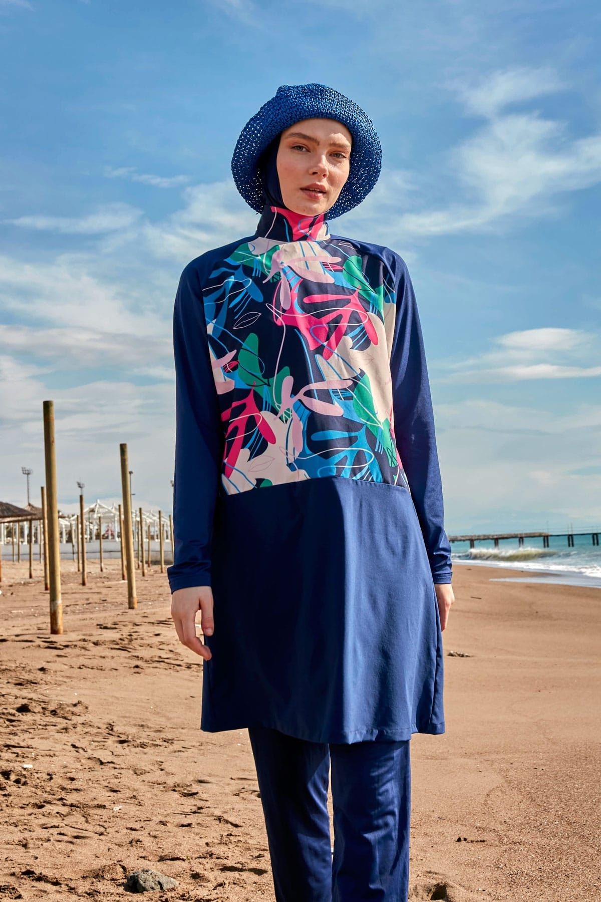 Burkini Modest Swimwear Set Lycra 4-Teilig Marineblau mit bunten Motiven "Marina" M2497
