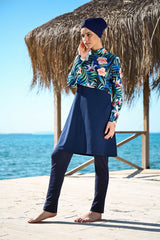 Burkini Modest Swimwear Set 4-Teilig Marineblau mit Blumenmuster "Marina" 1971