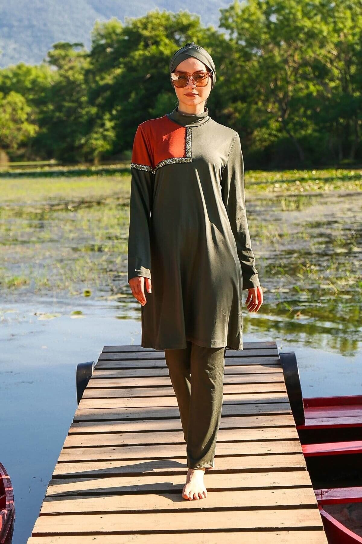 Burkini Modest Swimwear Set 3-Teilig Khaki/Orange M2108