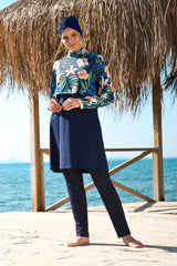 Burkini Modest Swimwear Set 4-Teilig Marineblau mit Blumenmuster "Marina" 1971