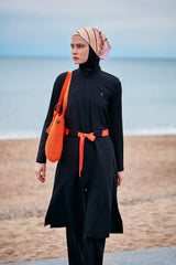 Burkini Modest Swimwear  Set Webstoff 4-Teilig Schwarz mit orangenem Gürtel "Marina" M2419