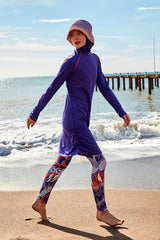 Burkini Modest Swimwear Set Lycra 4-Teilig Lila mit bunten Akzenten "Marina" M2494