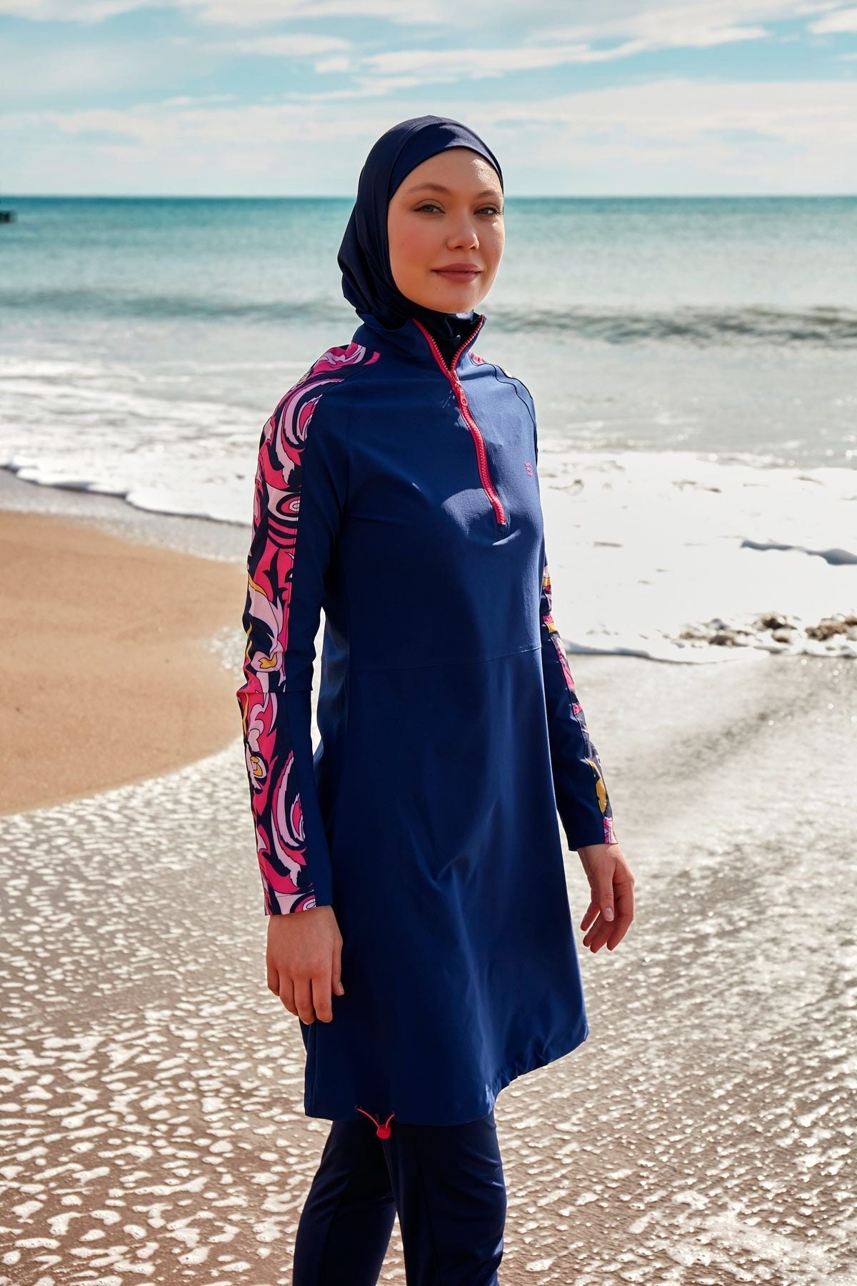 Burkini Modest Swimwear Set Lycra 4-Teilig Marineblau mit Rosaakzenten "Marina" M2489