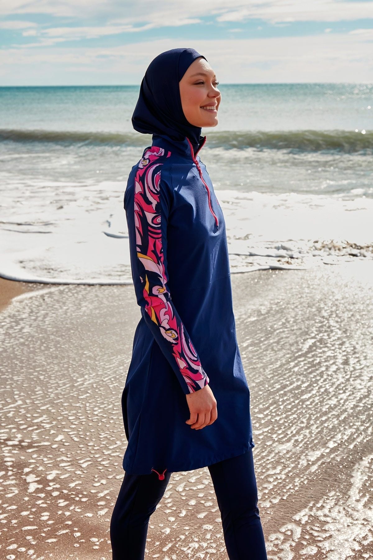 Burkini Modest Swimwear Set Lycra 4-Teilig Marineblau mit Rosaakzenten "Marina" M2489