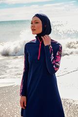 Burkini Modest Swimwear Set Lycra 4-Teilig Marineblau mit Rosaakzenten "Marina" M2489