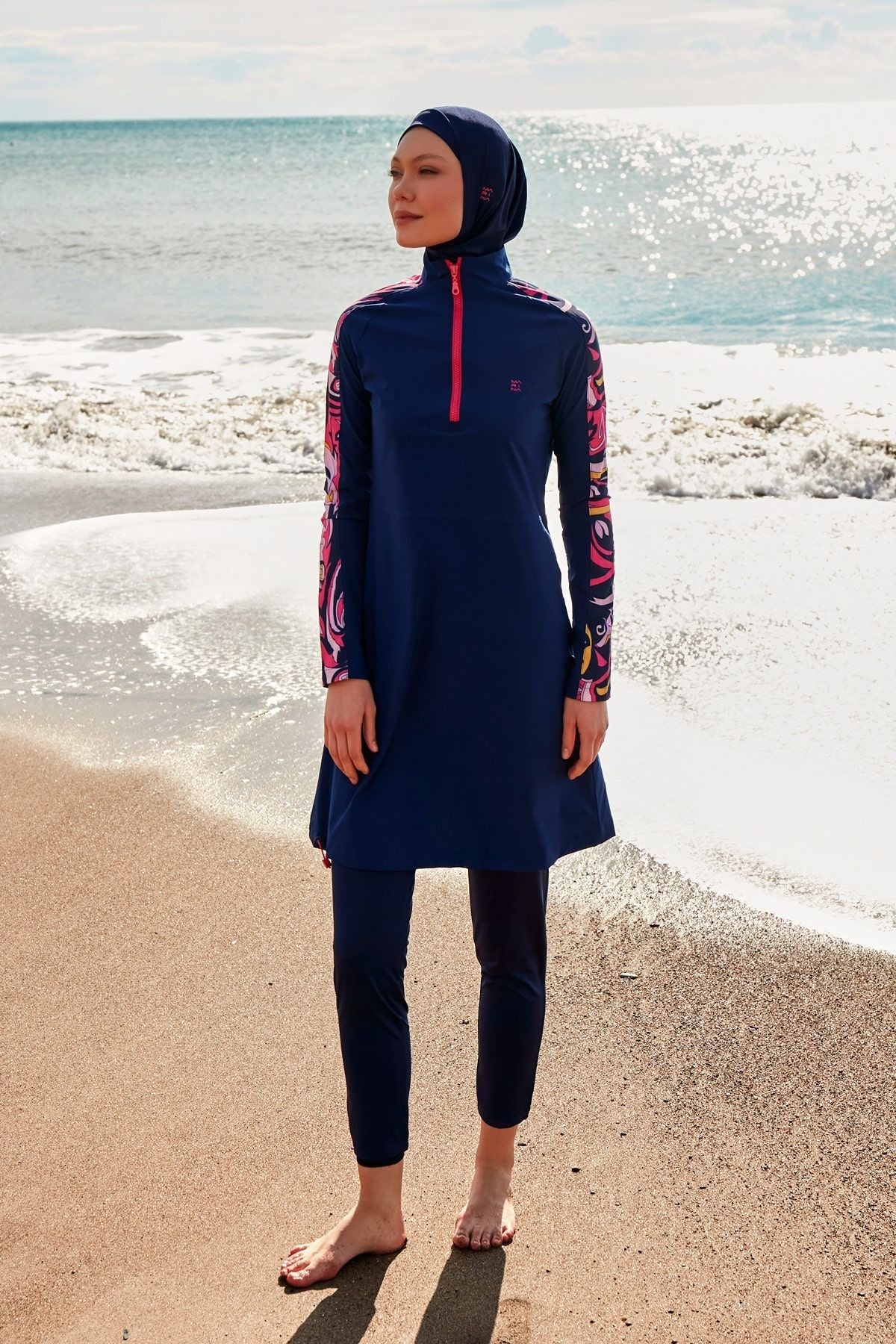 Burkini Modest Swimwear Set Lycra 4-Teilig Marineblau mit Rosaakzenten "Marina" M2489